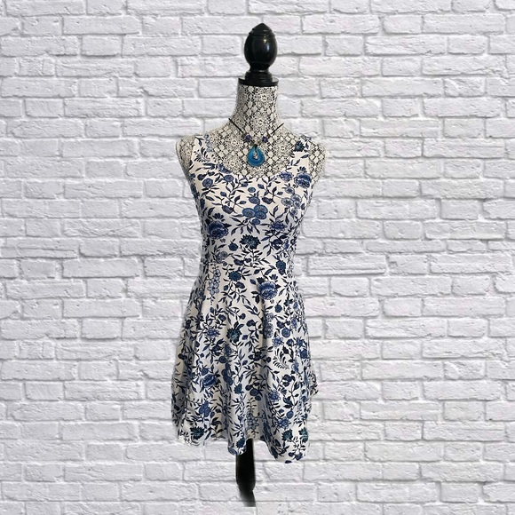 Divided White and Blue Floral Dress - Picture 1 of 5